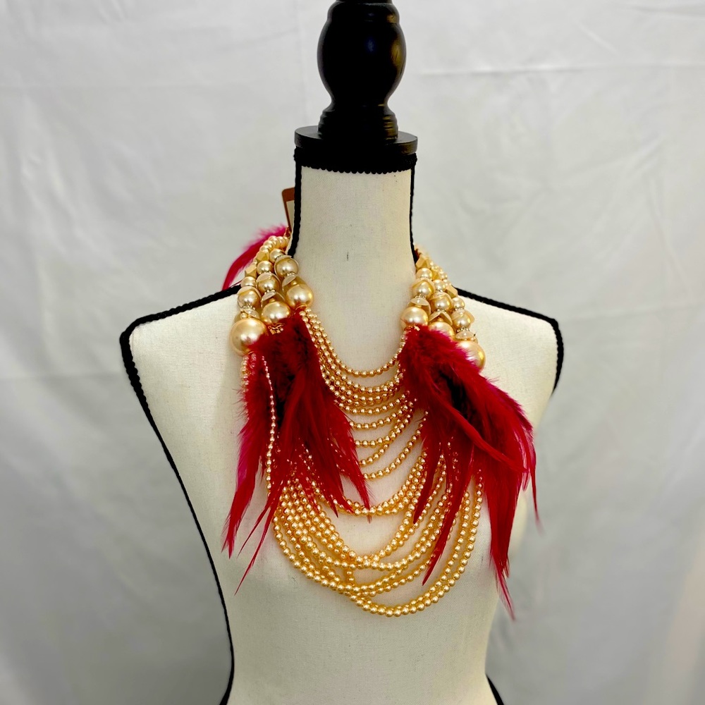 Pearl and feather necklace and earrings set